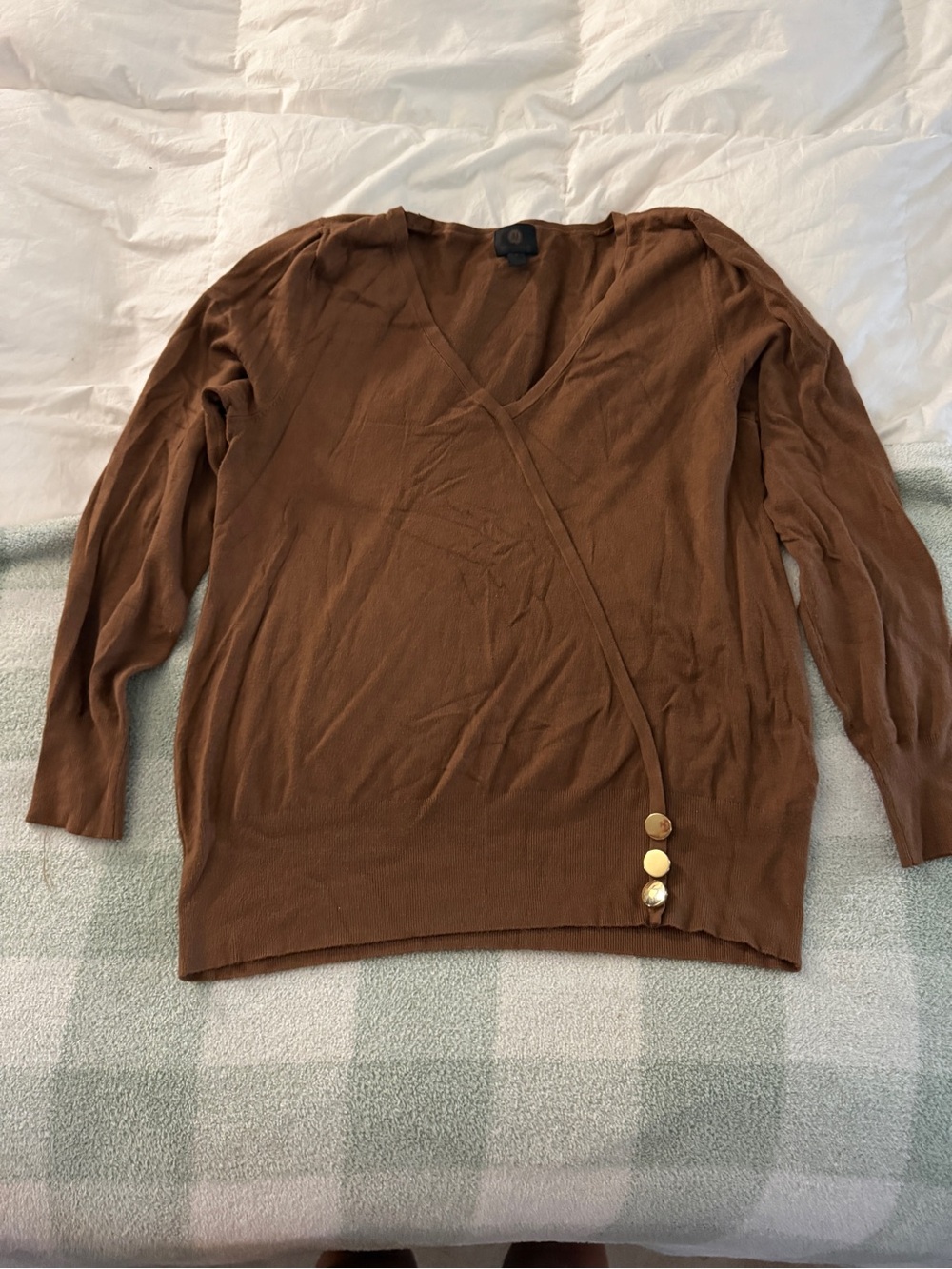 Women’s V-Neck Brown Lightweight Sweater with Button Detail